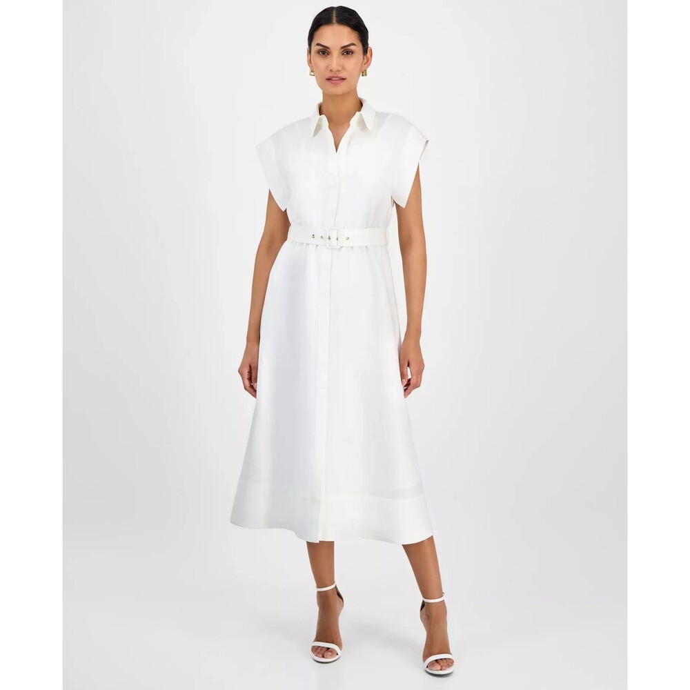 Anne Klein Women's Linen Blend Belted Drop-Sleeve Midi Shirtdress White Size 6